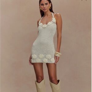 Meshki- Liyah Floral Hand Crochet Mini Dress - Ivory